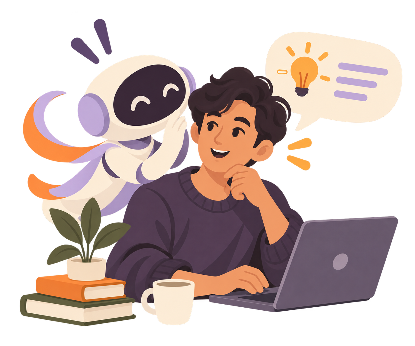 A person reflecting at a laptop with an AI coach offering a suggestion.