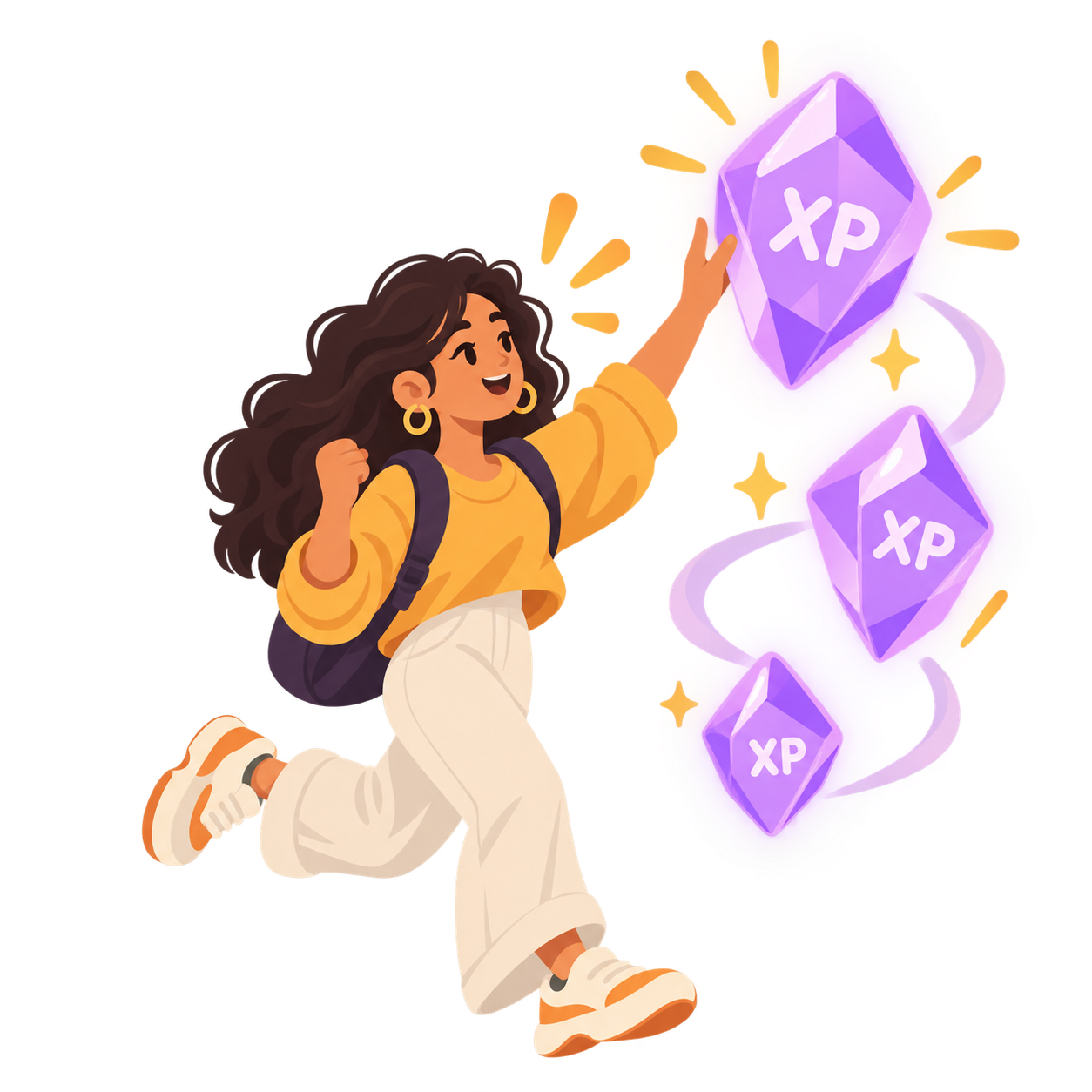 A person celebrating progress with XP-style achievement badges.