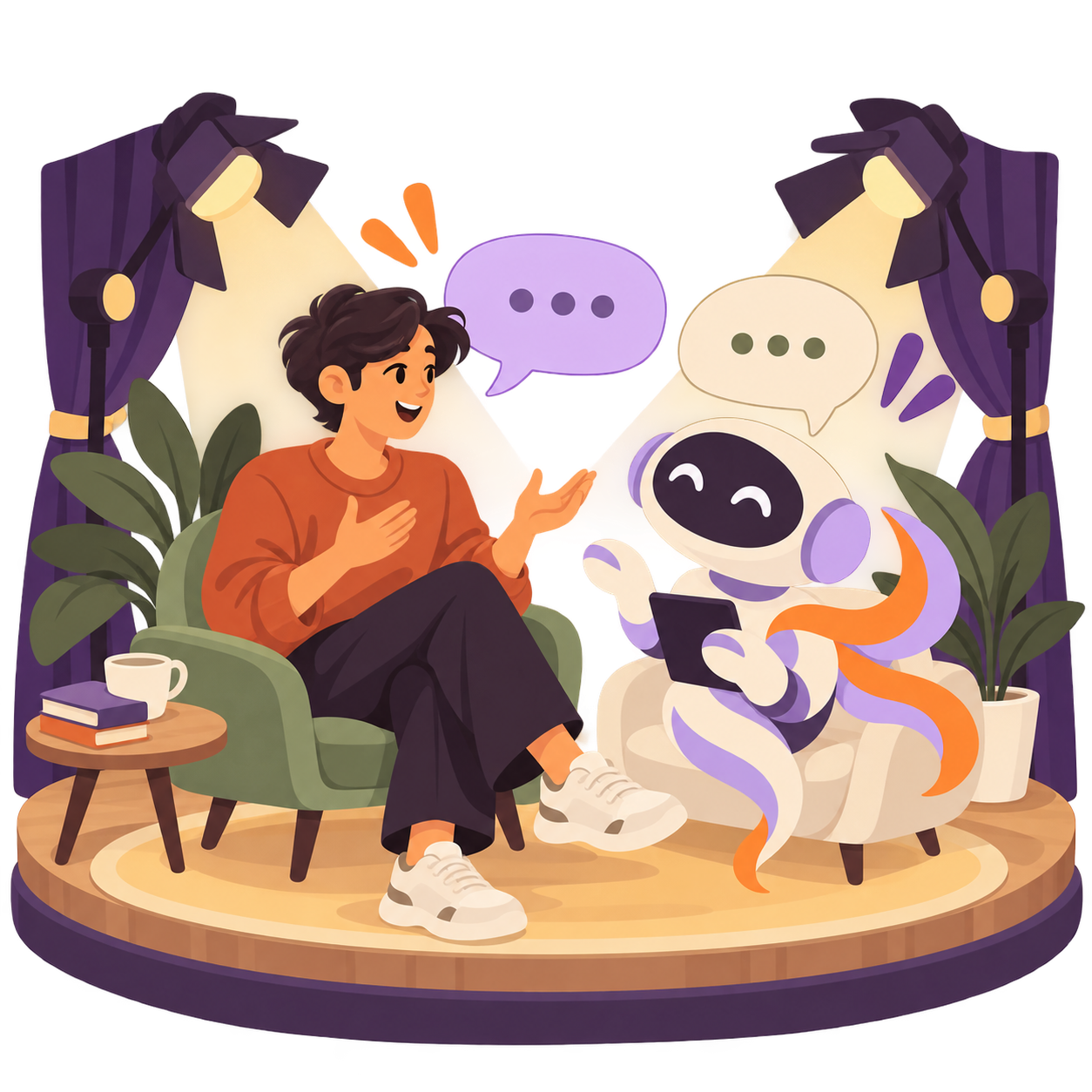 A person rehearsing a conversation with a friendly AI coach on a small stage set, coffee and books nearby.