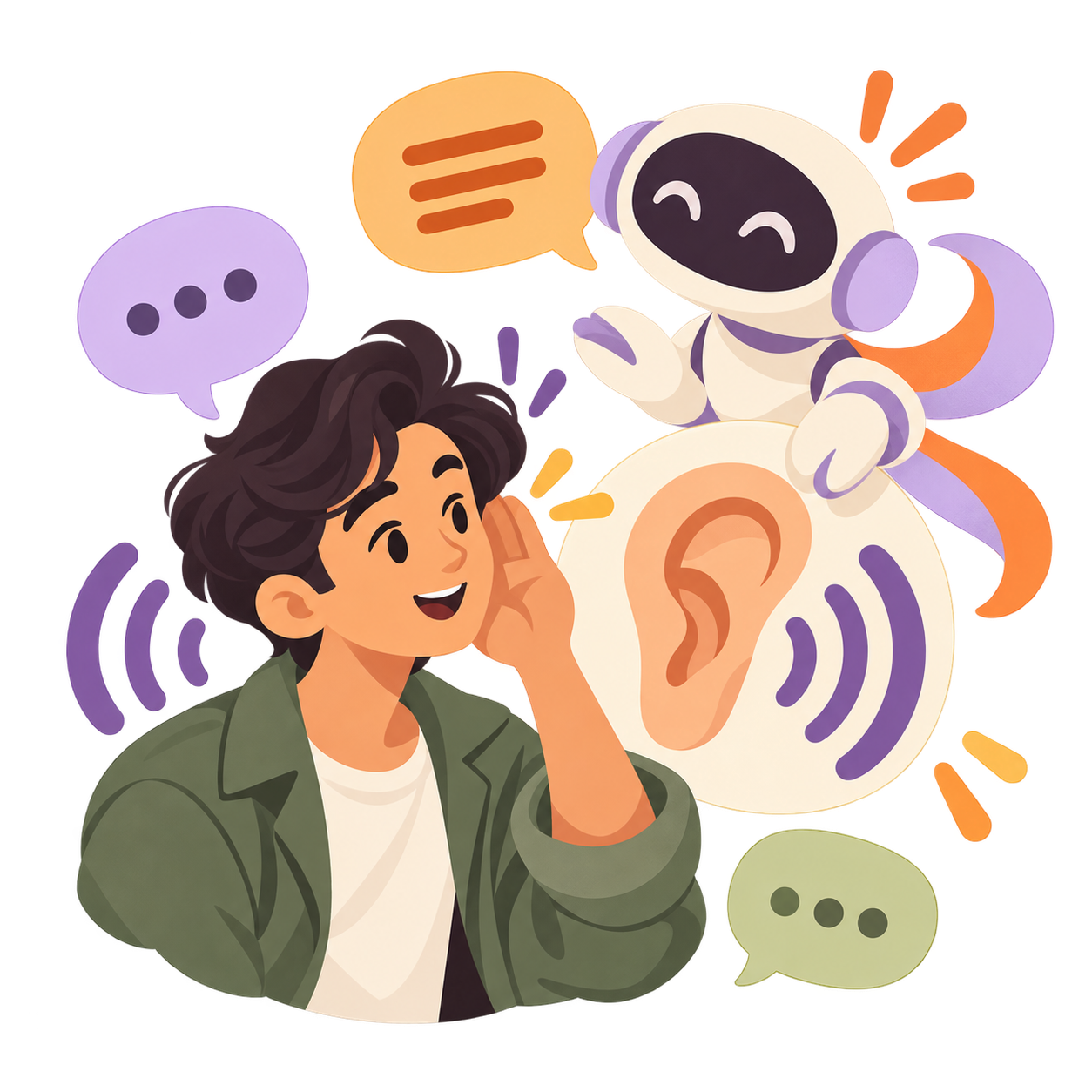 A person listening closely with a supportive AI coach beside them.